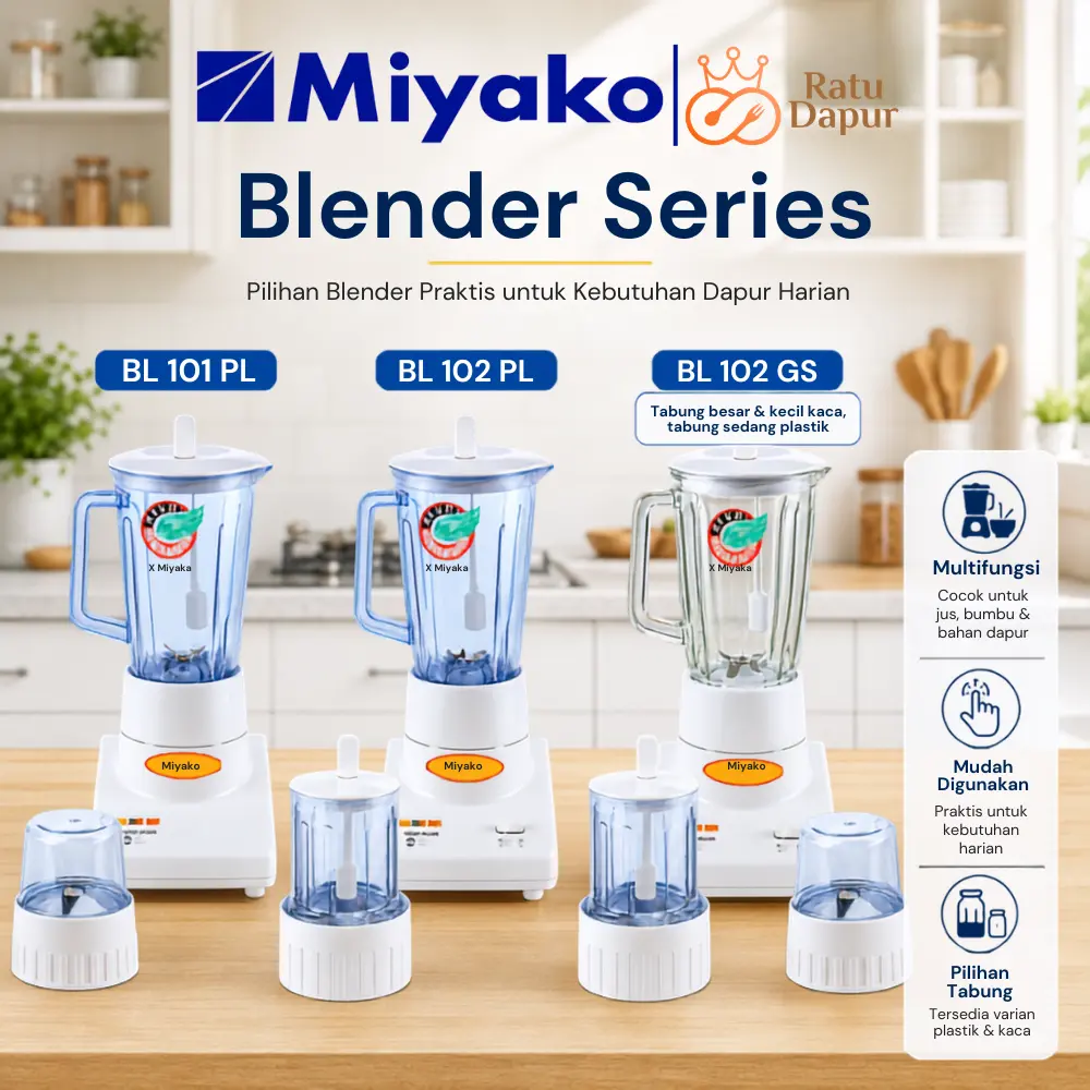[AFF8] Miyako Blender Plastik 3in1 BL-102 PL 2in1 101 PL 3in1 Kaca 102 GS 1 Liter Hemat Energi 250W Pisau Stainless Garansi 1 Tahun Blender Miyako 2in1 & 3in1 Multifungsi Food Grade