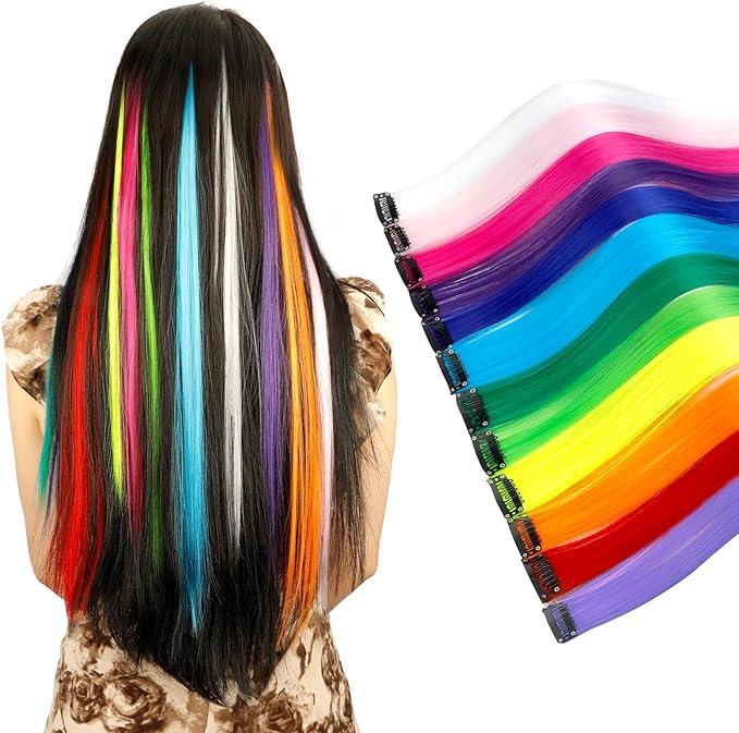 Coloured Hair Extensions,12 Pcs Rainbow Hair Extensions,Colored Clip In Hair Extension,Colorful Party Highlights Hair Synthetic Hairpieces,20 Inch Colorful Long Straight Hair Wig 0