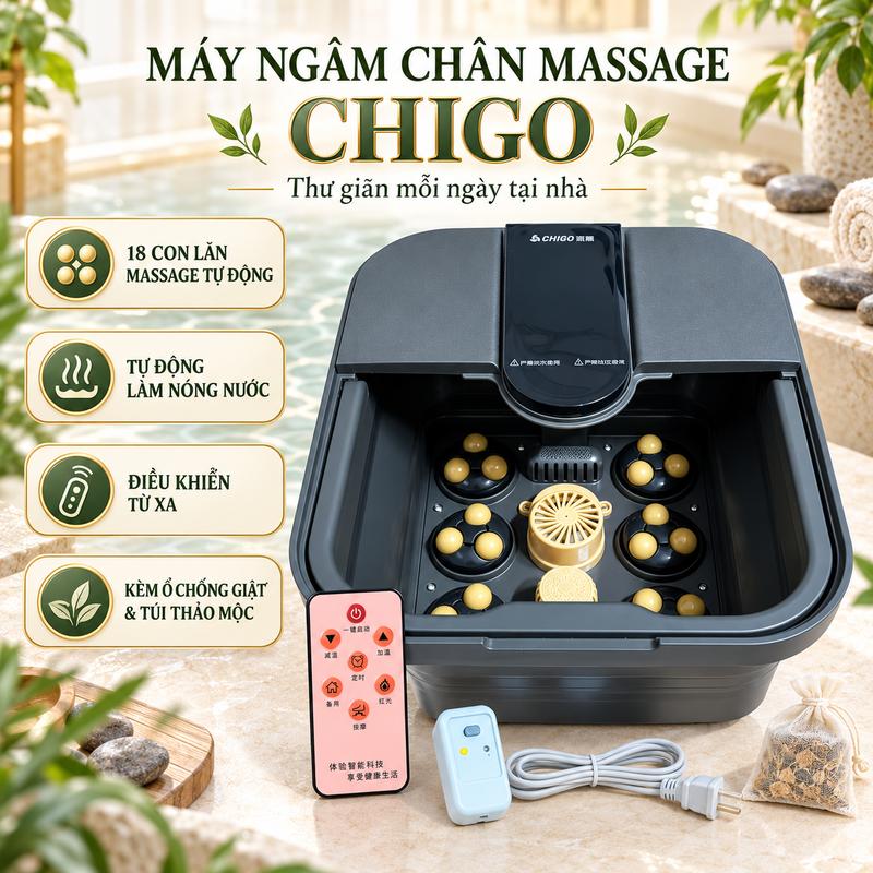 Máy Ngâm Chân Massage CHIGO Chống Giật, Bồn Ngâm Chân Massage Tự Động Làm Nóng Giữ Nhiệt Gấp Gọn