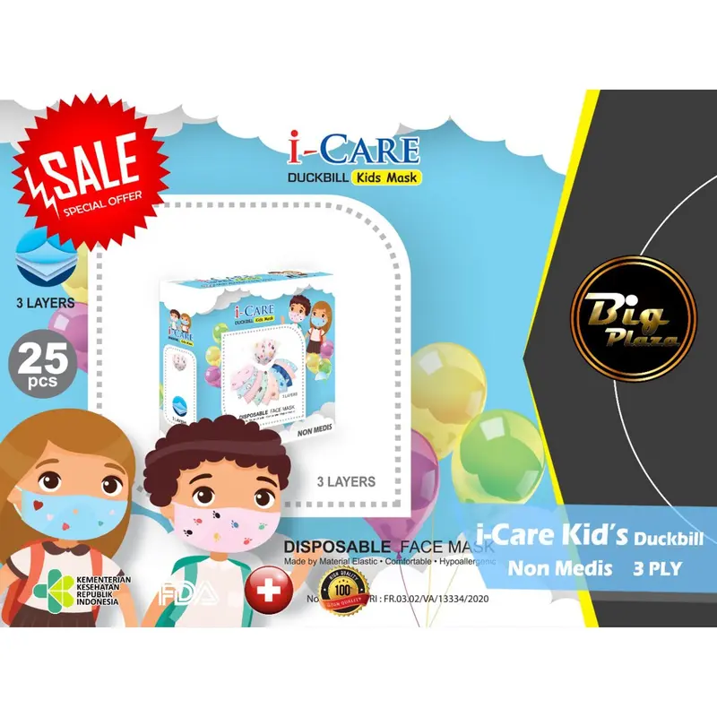 Duckbill KIDS i-Care 1 Kotak isi 25pcs Masker Anak 3ply Duckbill 3D Untuk 0-8 Tahun - Big Plaza 0