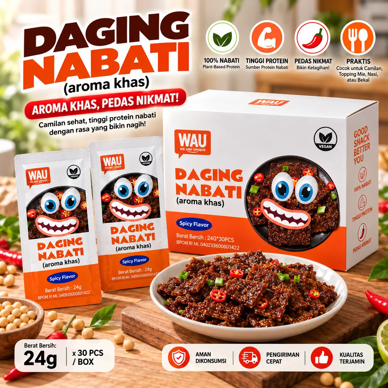 WAU Daging Nabati 24G X 60 (2 Box) | 100% Soy Fiber | Veggie Meat
