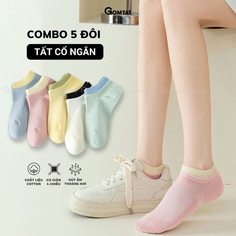 Combo 5 đôi tất chân nữ cổ ngắn chất liệu cotton cao cấp, vớ màu cho nữ mềm mại, êm chân hút ẩm thoáng khí -D16-A100-CB5