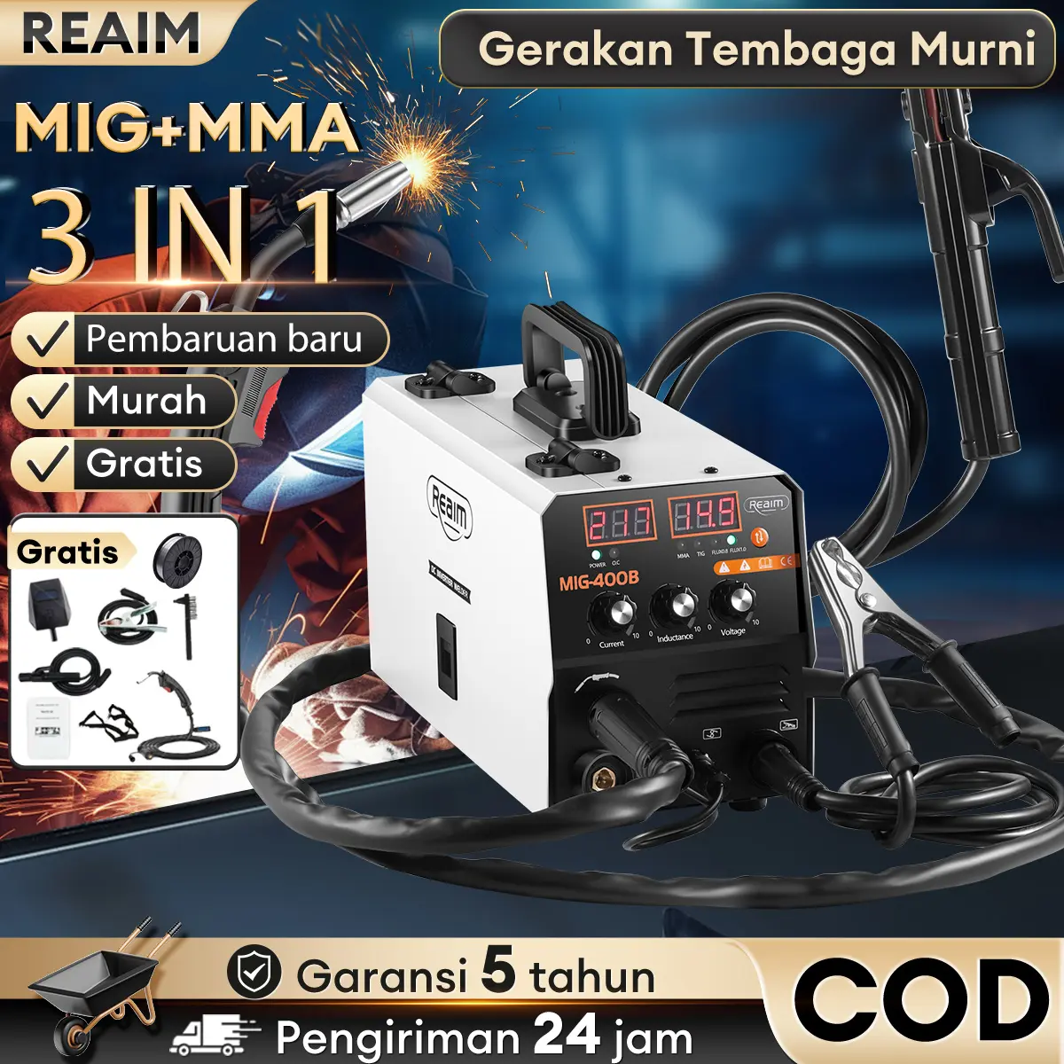 Reaim 120A Mesin Las 3 IN 1 murah Daya Rendah pengelasan Mesin las Listrik trafo las welding inverter Las Tanpa Gas Travo Inverter MIG 250 MIG 400B mesin las Bisa COD las  bakar