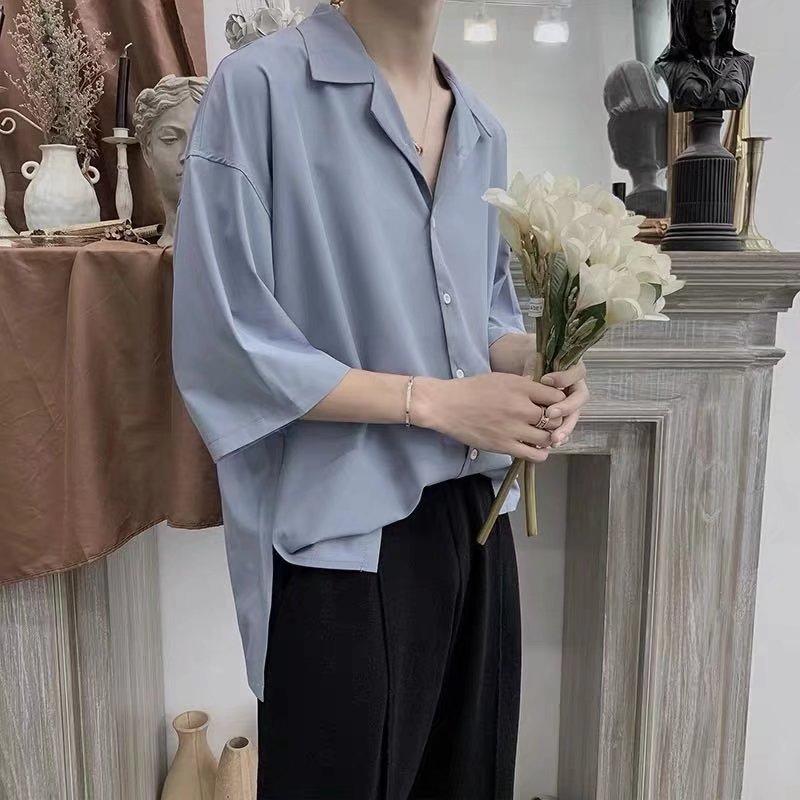 Áo sơ mi nam tay ngắn dáng rộng màu trơn phong cách BF Hàn Quốc, kiểu dáng thợ cắt tóc, retro Ins, dành cho giới trẻ, cỡ lớn, mùa hè.