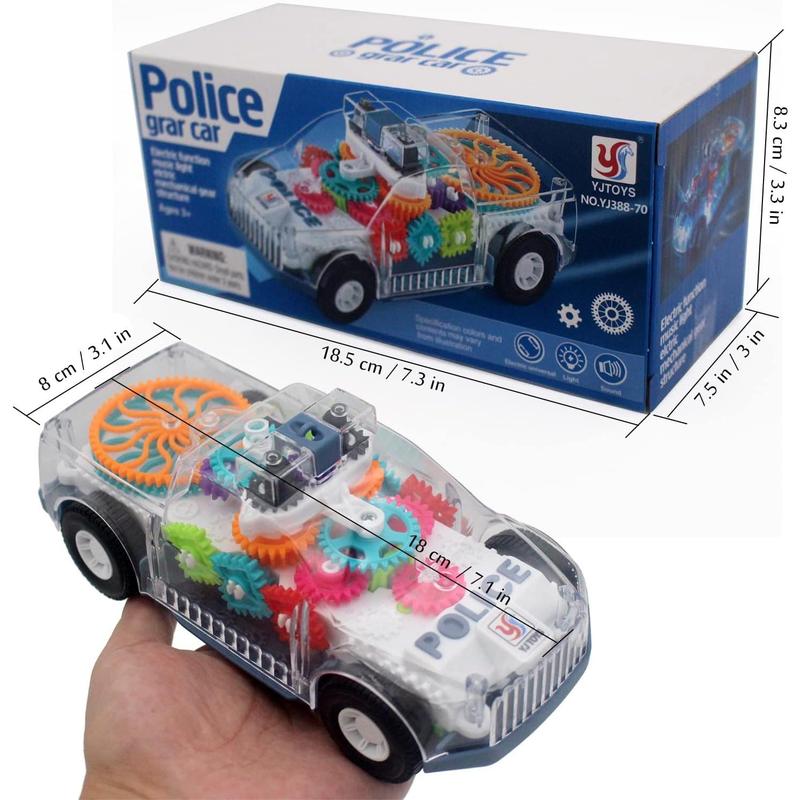 Light Up Transparent Gears Police Car Toy for Kids Bump and Go Toy Car for Boys Girl Educational Baby Toys Car Music LED Effects 6