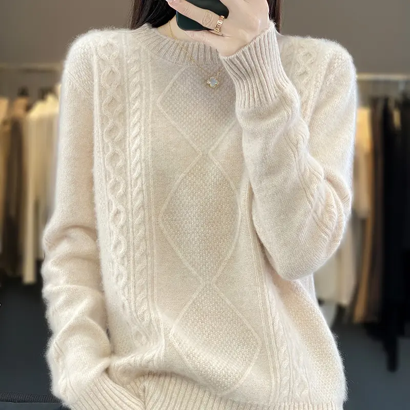 100% Cas ere Sweater Women's Half Turtle Collar Jacq rd Long S ve Loose Thi ened Sweater Autumn and Winter Cas l Knitted B