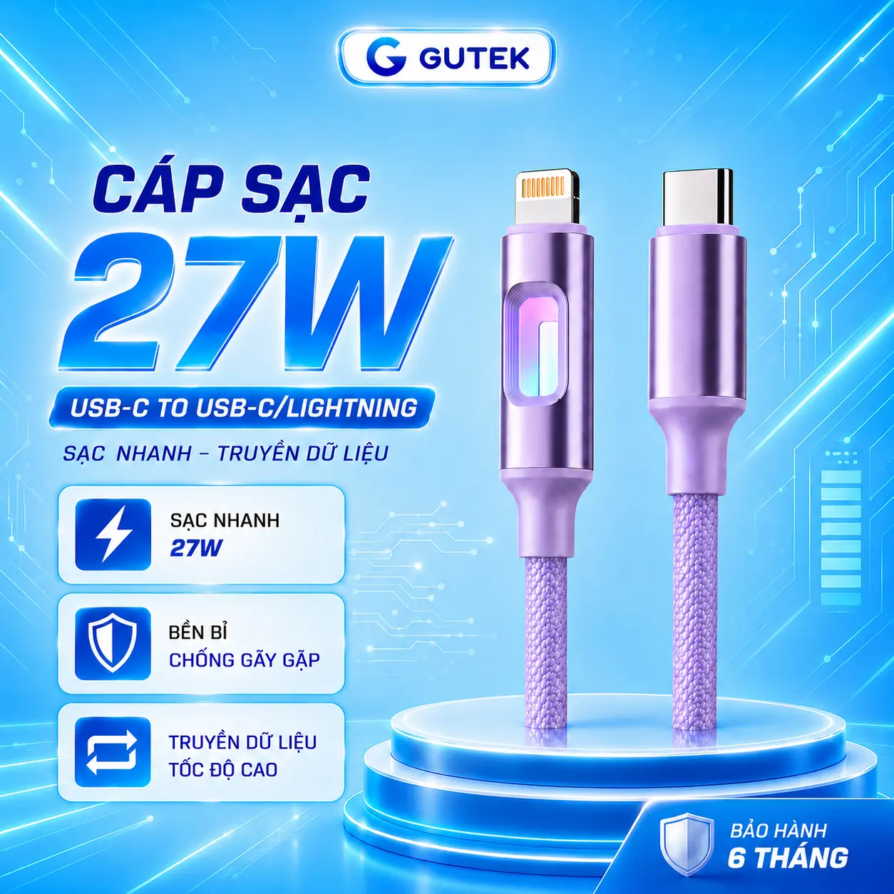 Dây cáp sạc nhanh 27W cổng cắm type-c dây bọc dù chống đứt - Gutek S24