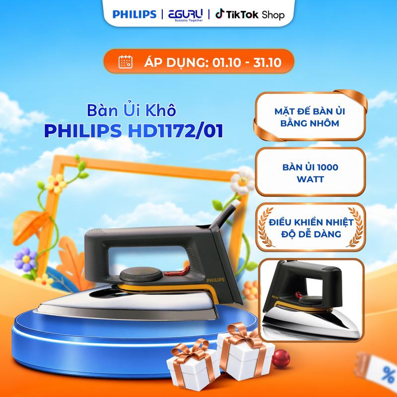 Bàn Ủi Khô PHILIPS HD1172/01 1000W - Mặt Đế Nhôm Mài Phẳng Dây 1.9m Đèn Báo Nhiệt Độ-