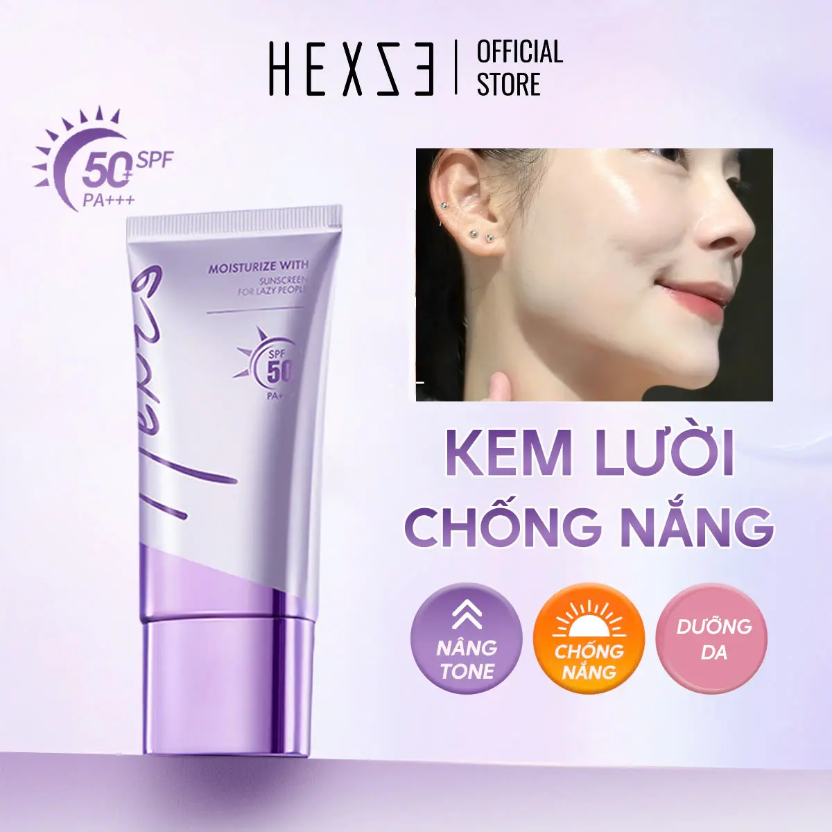 Hexze- Kem Lười chống nắng Hỗ Trợ Nâng Tone Hexze SPF 50, PA+++, Kem lười hỗ trợ nâng tone Makeup Dưỡng Ẩm Da Chống nắng 50g