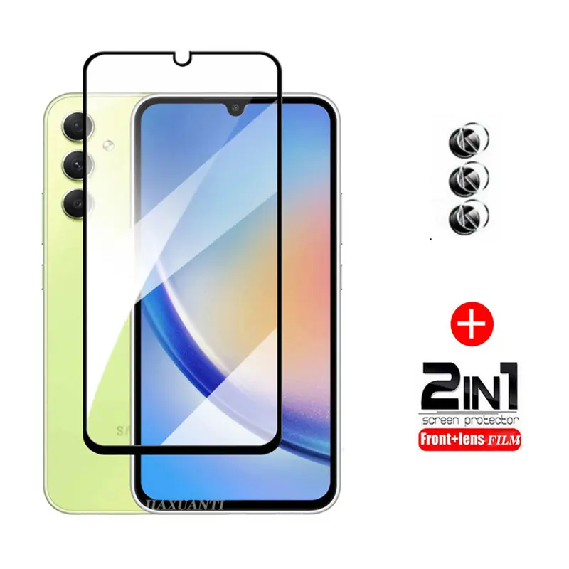 2 in 1 Tempered Glass For Samsung Galaxy A14 A15 A13 A32 A33 A34 A54 A53 A52 A72 A73 A15 5G 4G Full Coverage Screen Protector Film + Lens Film