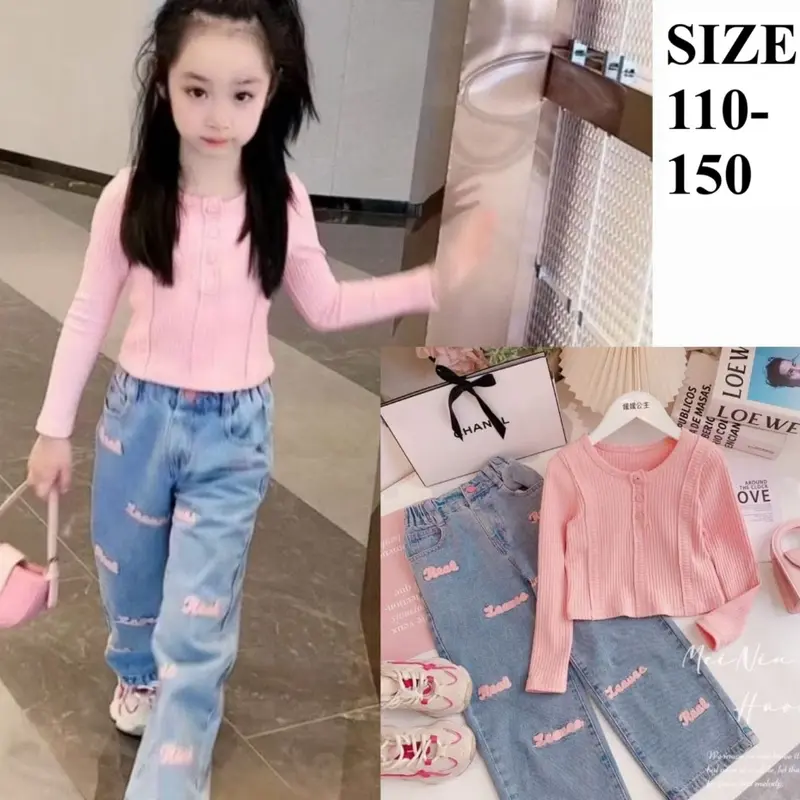 SSP32, 6-12Tahun Setelan One Set Anak Korea Pink Kancing Celana Jeans Bordir 6