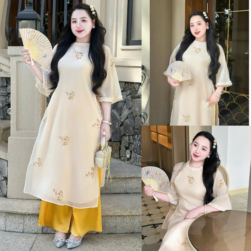  Set Áo Dài BIGSIZE  50-120kh  phom A nhẹ dễ mặc che khuyết điểm tốt- Ú XINH STORE- AD11  Áo Dài  Quần Lụa Vàng  