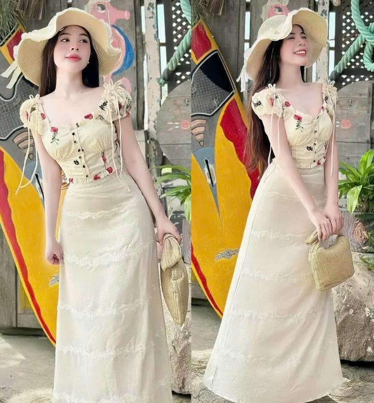 SET bộ nữ chất áo lụa in hoa cổ vuông tay phồng đính nơ [có mút] mix chân váy lụa phối viền ren [có lót] sang chảnh tôn dáng phù hợp cho các nàng đi tiệc đi chơi
