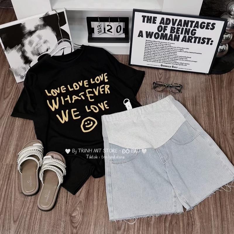   40-80kg  Quần Jean Bầu Dáng Ngố Hàng QCCC & Áo Phông Form Rộng Chữ Love Màu Đen 