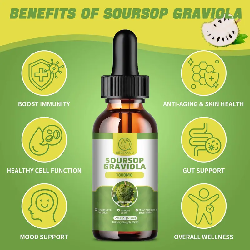 Product Introduction of Soursop Graviola Herbal Drops Multivitamin, 60ml, 2 Fl Oz, Organic Soursop Leaf Extract Soursop Oil, Soursop Bitters Liquid, Vitamin, Dietary Fiber 3