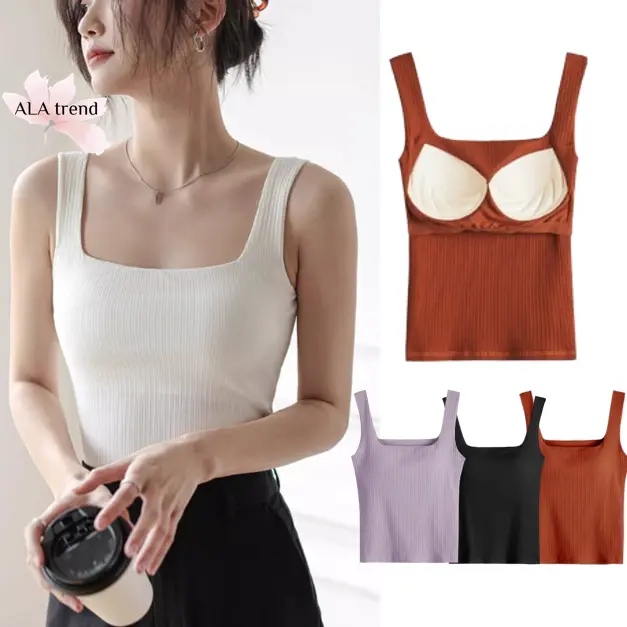 【SG stock】 Premium Cotton Bra Top Padded Tank Vest Squareline Tee Square Neck BT45