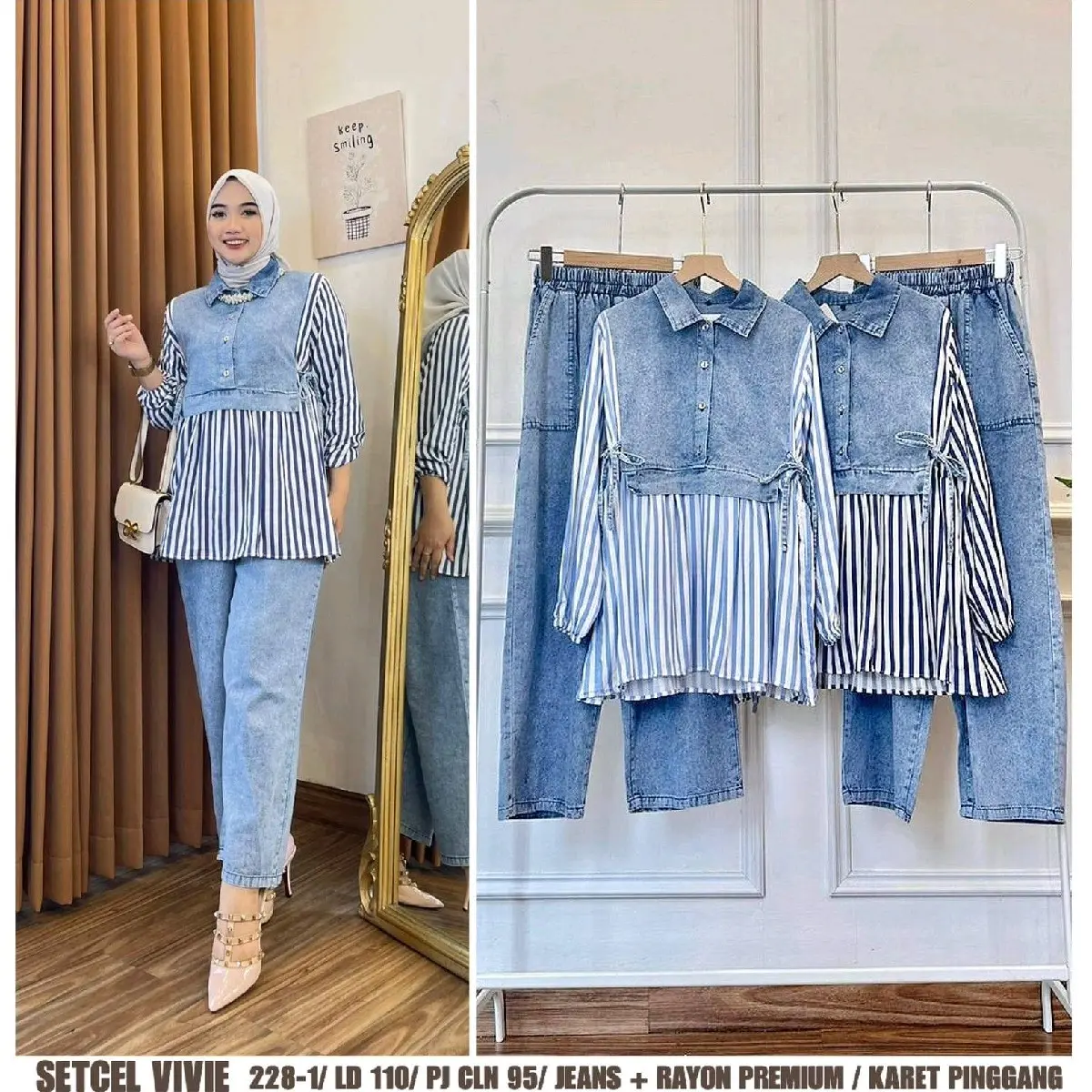 Set Celana Jeans Wanita VIVIE - Model Terkini - Kulot, Cantik, Baju, Panjang, Linen, Casual, Atasan, Formal, Katun