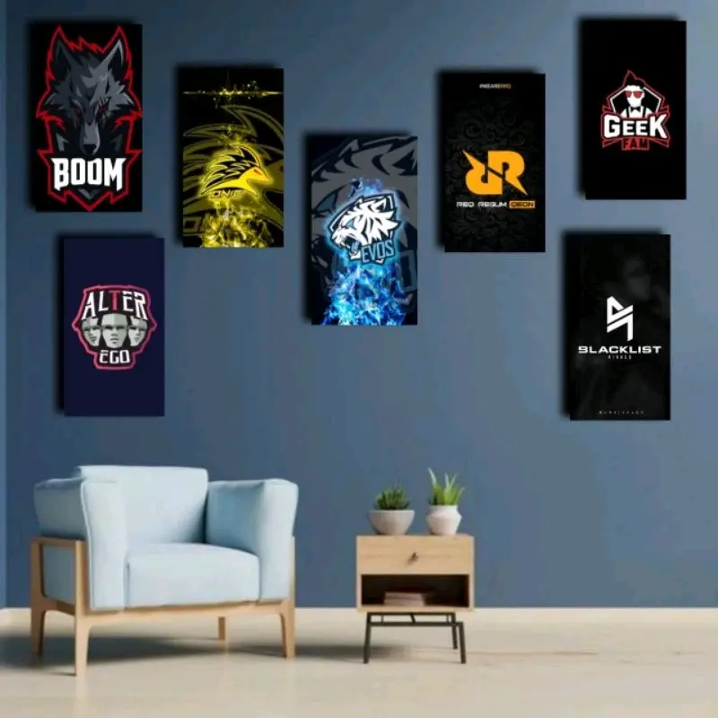 poster kayu hiasan Dinding logo Evos RRQ Aura alter ego onic mendunia modern Kertas Kamar Tidur Selebritas laminasi glossy ruang kerja home decor accessories poster neon estetik walls film