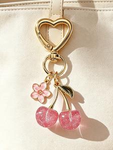 Adorno de bolso de cereza, llavero con flor sakura y corazón de cereza con purpurina, anillo elegante para llaves del coche, regalo perfecto para mamá, esposa o hermana
