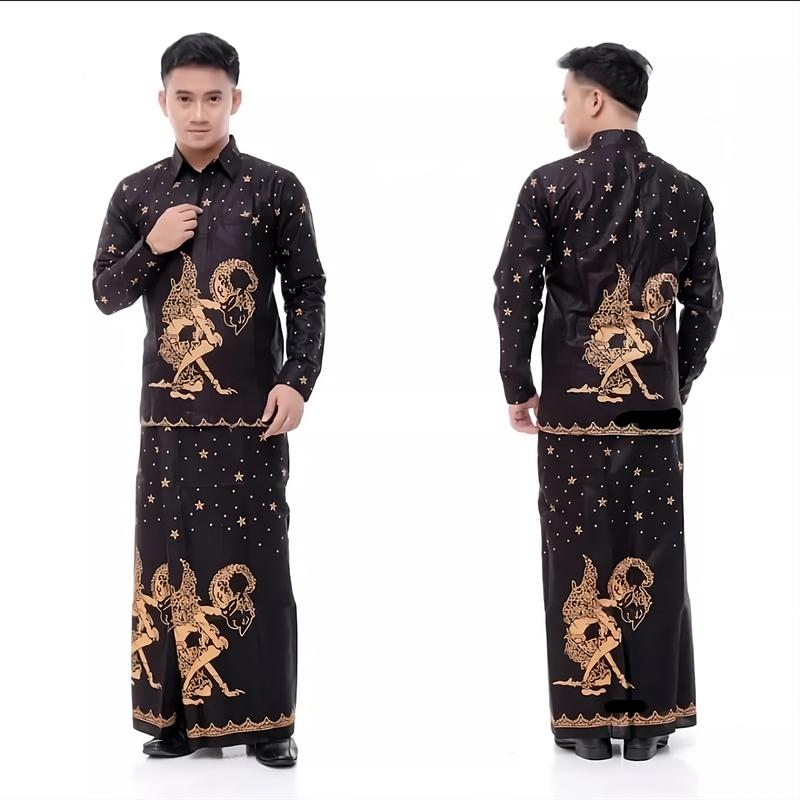 agms_ Baju Setelan Koko Pria Dewasa Stelan Sarung Remaja Laki Elegan Motif Batik Garis Premium Keren Muslim Formal Tangan Panjang Pendek Kain Katun Nyaman 2