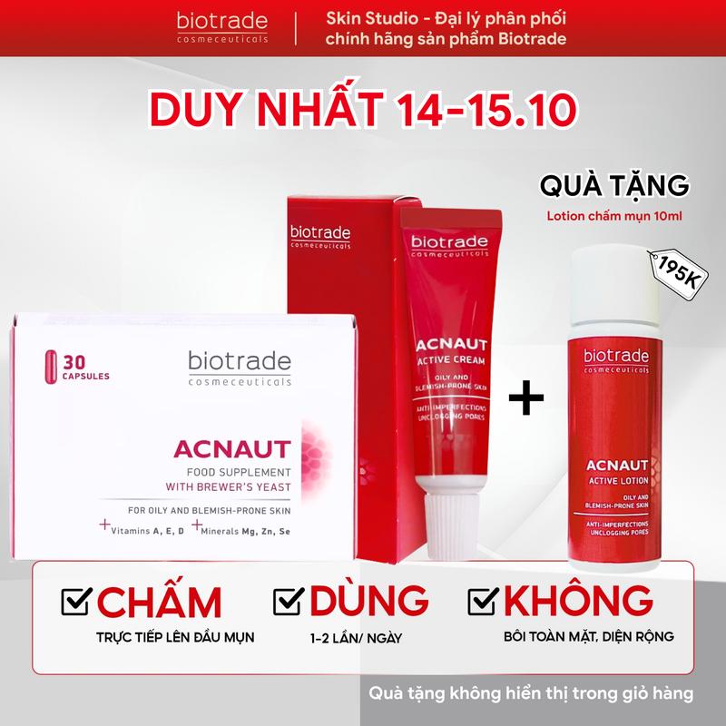 (TẶNG LOTION CHẤM MỤN 10ML) Bộ đôi Viên uống Biotrade + Kem chấm giảm mụn nội tiết Biotrade Acnaut Cream 5ml