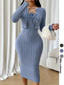 Conjunto de vestido halter y textura a rayas para mujer, con top corto tipo chaqueta, dos piezas para moda de primavera y otoño