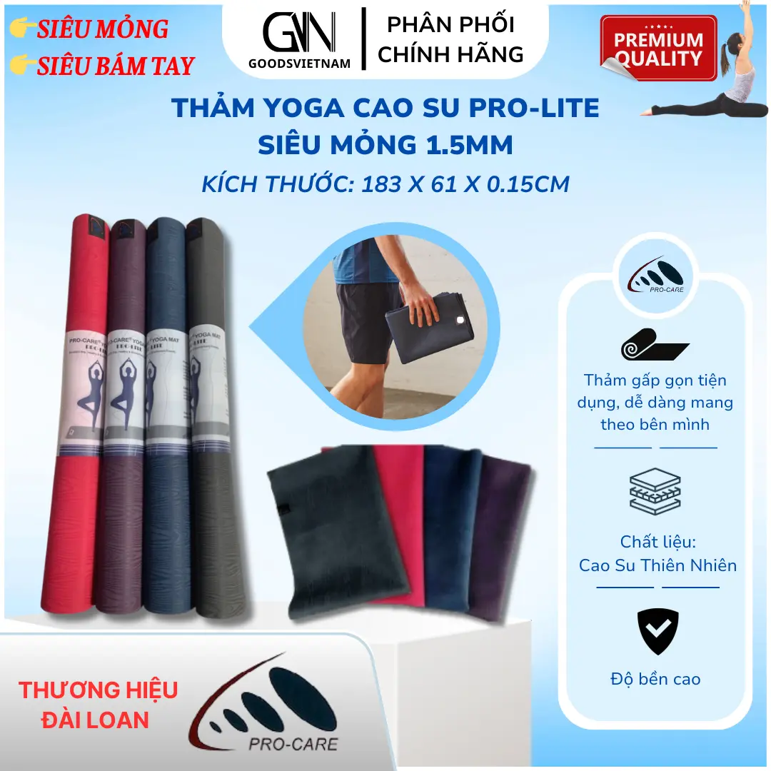 Thảm Yoga Siêu Mỏng 1.5mm ProLite PRO-CARE Cao Su Thiên Nhiên, Có Thể Gấp Gọn - Tặng Túi Đựng Thảm Sport