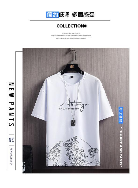 Product Introduction of Short-Sleeved T-shirt Suit Men's Summer New Snow Mountain Printing Fashion Trendy Slim Fit Large Size Sports Two-Piece Suit 4
