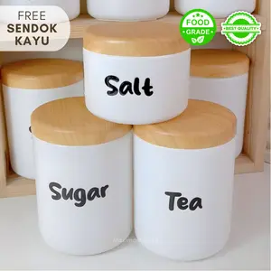Toples Bumbu Estetik Warna Kayu Natural Anti Air 1000 ml 500 ml Motif Kayu Jati Stiker Vynil Bertekstur Food Grade Free Sendok Kayu