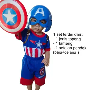 Kostum Setelan Pendek Kapten Amerika Gratis Topeng Dan Tameng Fashion