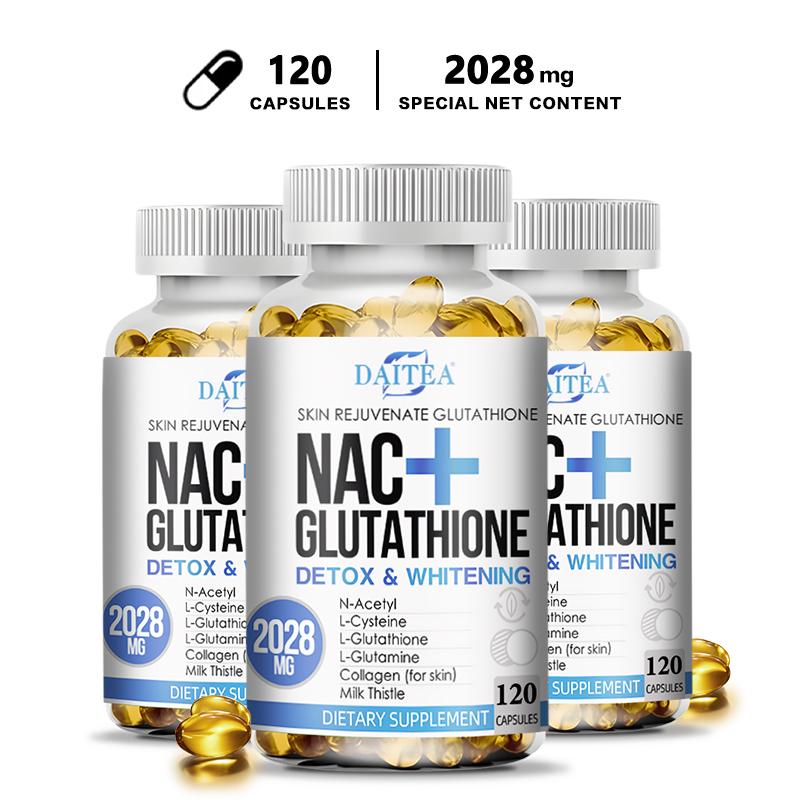 อาหารเสริมแคปซูล Daitea NAC+ Glutathione 2028 มก. ต่อการให้บริการ ประกอบด้วยคอลลาเจนและกลูตาไธโอน เพ