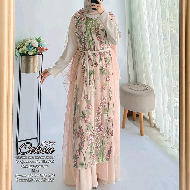 Ribyka R787 (2in1) gamis set outer matt Ladyzr Mix Tile dot Mix Tile garden 4