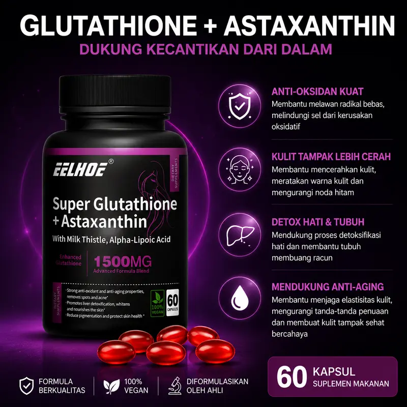 EELHOE Glutathione + Astaxanthin - Mendukung kesehatan kardiovaskular dan kulit, anti-penuaan dini dan memutihkan tubuh. Halal - Shop