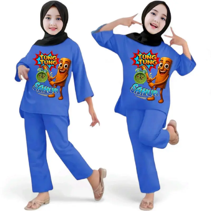 Stelan anak perempuan panjang stelan viral stelan anak sampai remaja motif viral animasi anomali tung-tung sahur  Usia 2-14 thn Denim Pink Ungu 5