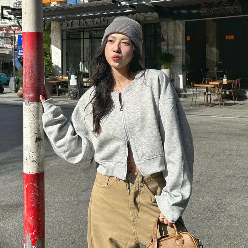  Áo Khoác Nỉ Dáng Ngắn Croptop Kiểu Nữ Cổ Tròn Dáng Basic Có Khóa Kéo Mùa Thu Đông Kimee - KA623 