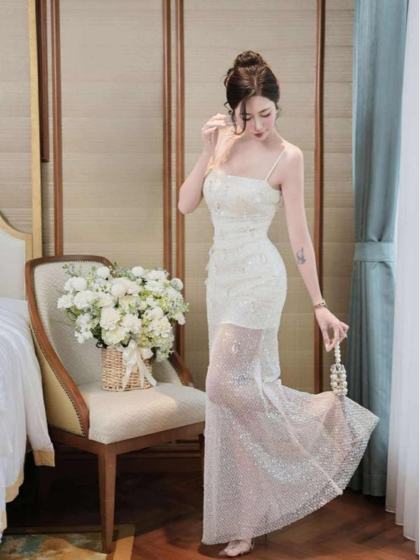 Đầm thiết kế sang chảnh dáng hai đây kim sa kem K954