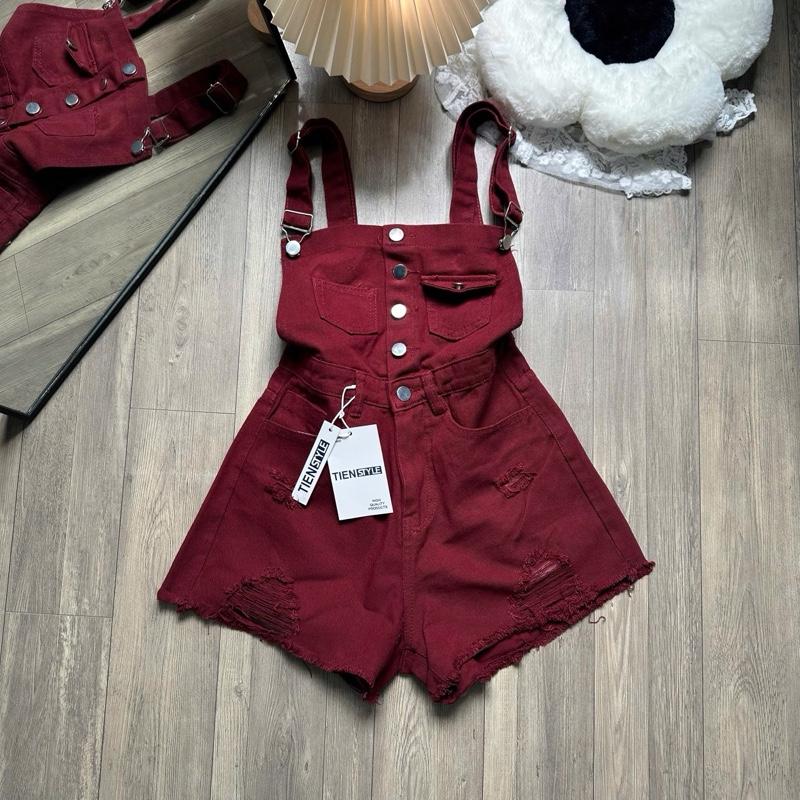 TIENSTYLE Quần Yếm Jean Đỏ Mận Lai Tua Rách Lai Hai Dây Nắp Túi Kiểu Dáng Đơn Giản Màu Sắc Tươi Sáng Phong Cách Trẻ Trung Co Bigsize 4XL
