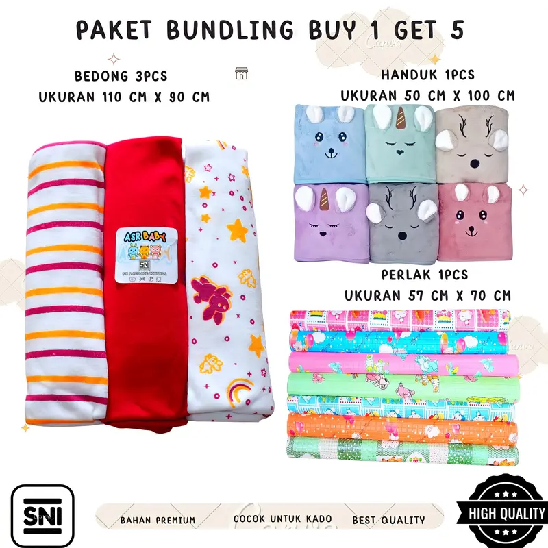 Paket Bundling Bayi Baru Lahir Buy 1 Get 5 (Bedong Jumbo 110 x 90 cm, Handuk Microfiber, Perlak Bayi) - Alas 2