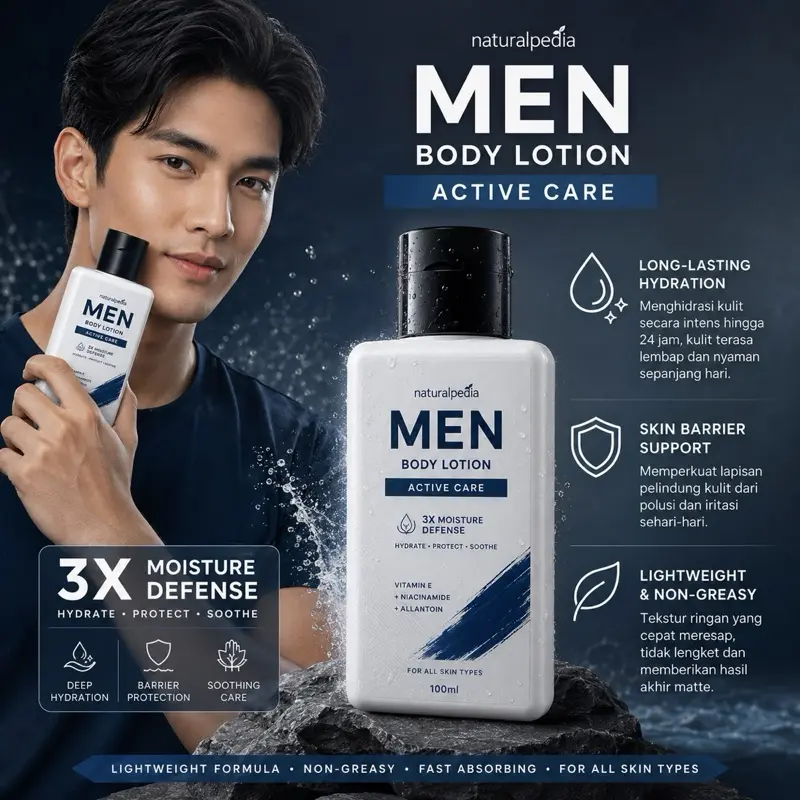 Naturalpedia Men Body Lotion Active Care 100ml - Hydrate Protect Soothe dengan 3X Moisture Defense untuk Semua Jenis Kulit