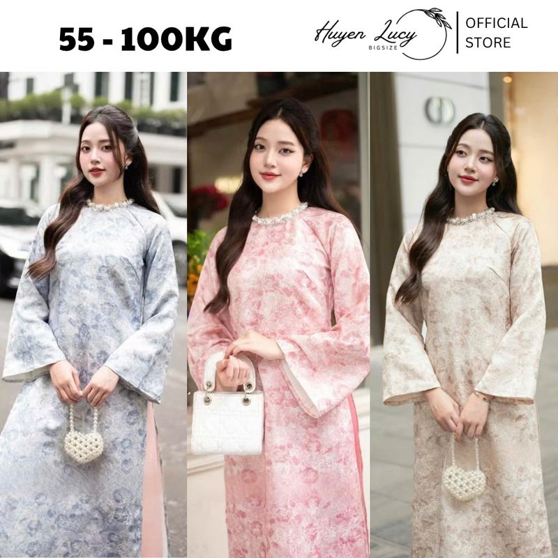 BST TẾT 2026 ÁO DÀI GẤM CỔ ĐÍNH NGỌC HỒNG LIÊN CAO CẤP nữ bigsize duyên dáng thanh lịch sang trọng vải gấm cao cấp có size tới 100kg Huyền Lucy Bigsize