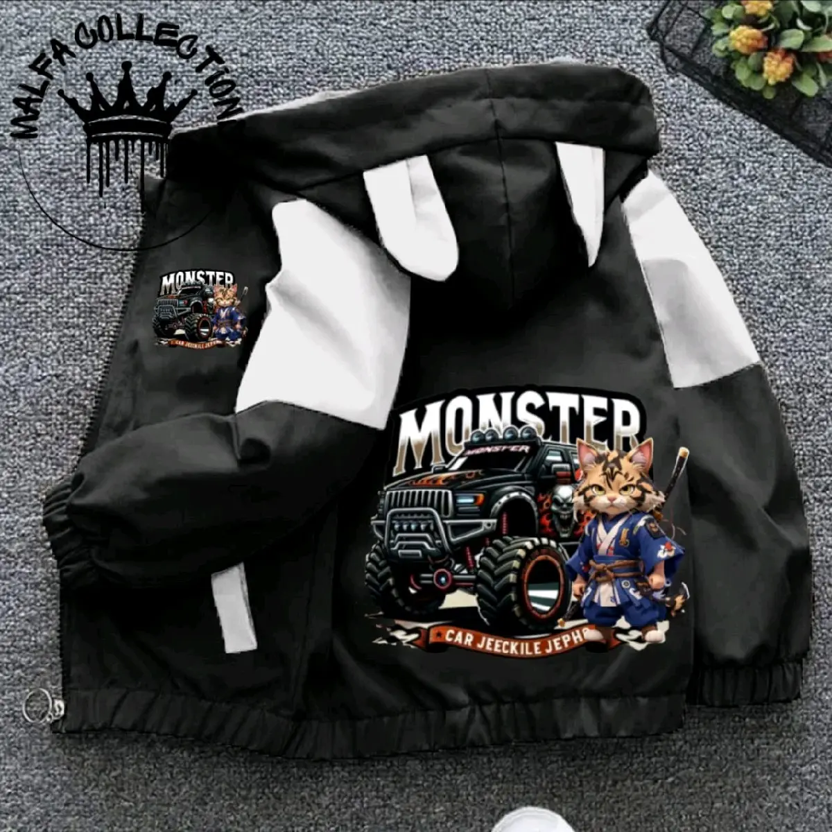 jaket anak waterproof premium berkualitas cocok buat anak laki² yang pecinta gambar mobil of-Road sang kucing ajaib