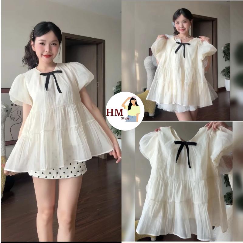   Tặng kèm nơ  Áo nữ kiểu babydoll xoè tay bồng tiểu thư công chúa chất tơ xốp HA305 