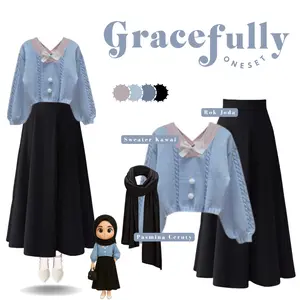 Outfit Gracefully 3IN1 - Sweater Kawai Rok Joda Hijab Pasmina Ceruty l Korean Style Outfit Anggun & Modern SO2A18