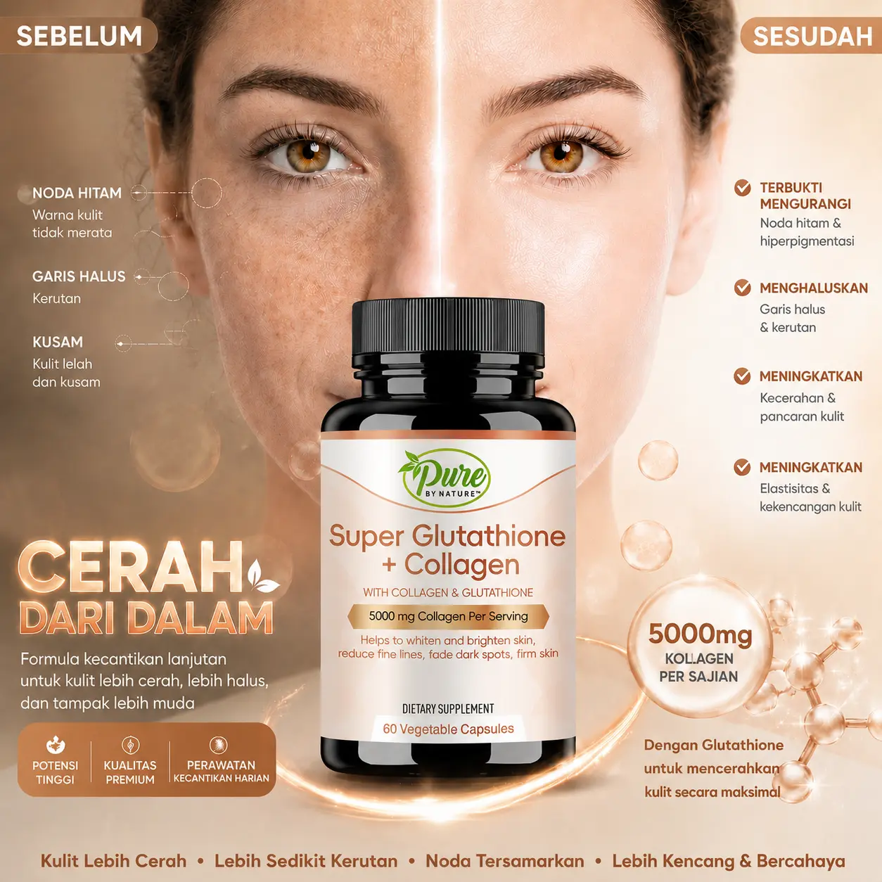 (Promosi terbatas waktu)Super Glutathione 1000mg + Kolagen 5000mg - Versi yang ditingkatkan, menghambat produksi melanin, memudarkan flek, memperbaiki anti penuaan, mengurangi risiko rambut rontok, dan mendorong perbaikan jaringan