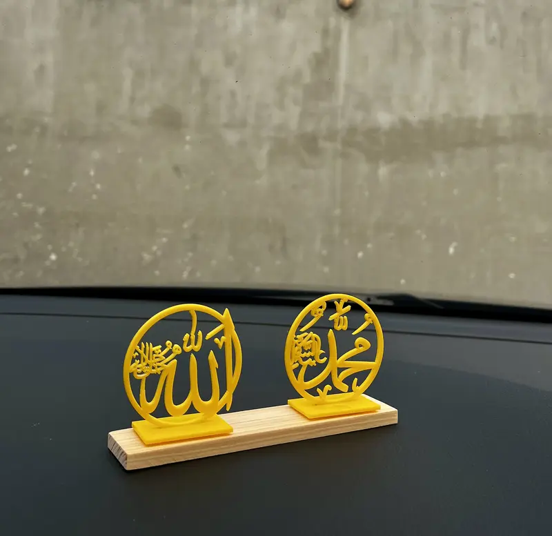 Hiasan Dashboard Mobil Allah Muhammad Bahan Acrilic tebal 2mm Warna Kuning 2