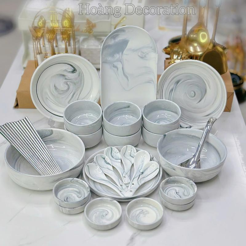 Bộ Chén Bát Đĩa Gốm Sứ 30 món tặng 1 món, màu Vân Đá Không Viền Vàng Cao Cấp - Bộ tô bát dĩa sứ ăn cơm- An Toàn Cho Lò Nướng & Máy Rửa Bát. combo gồm: 6 chén cơm,6 chén chấm,6 muỗng cơm,6 đôi đũa xịn,2 tô canh,3 cái đĩa kích thước khác nhau,1 muỗng canh.