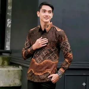 Kemeja batik pria lengan panjang terbaru motif Kawung Coklat size M L Xl XXL