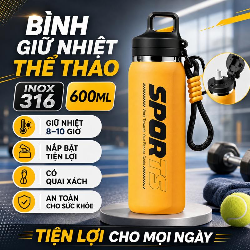 Bình giữ nhiệt thể thao Inox 316 600ml Giữ Nhiệt 8–10 Giờ
