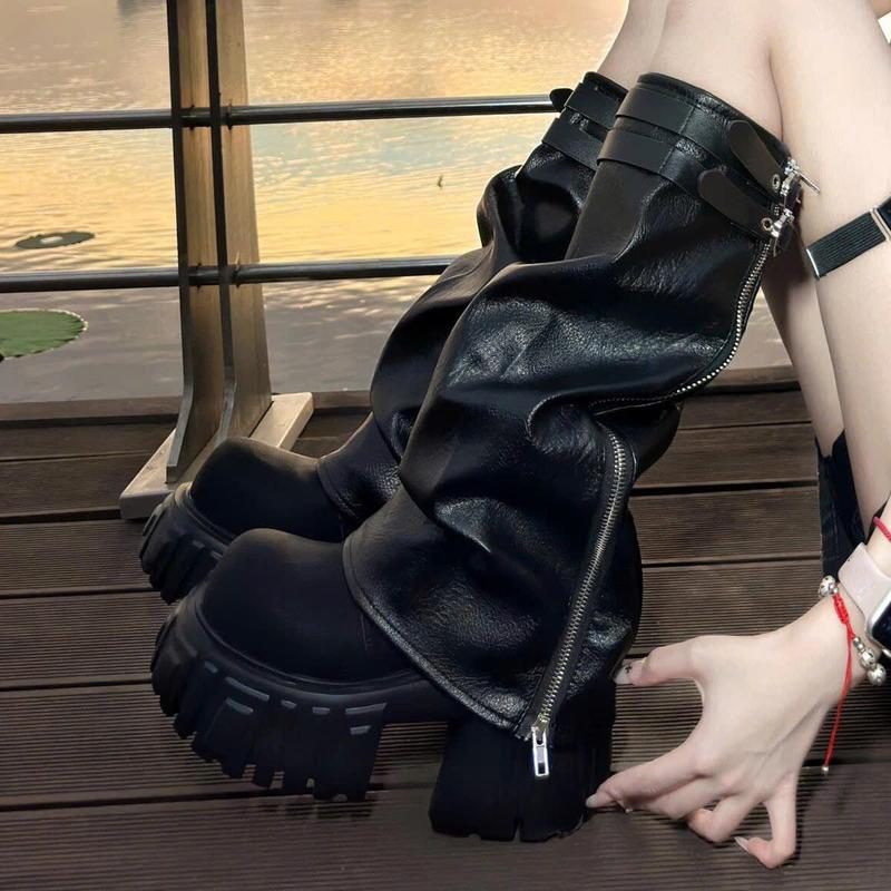 Giày bốt nữ cao cổ mũi tròn dạng xỏ đế thô da PU cao 7-8  phân phong cách cá tính phối đồ chất