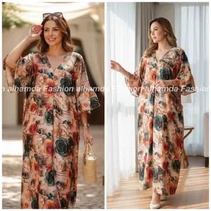 Alhamda Fashion Yura Dress Kaftan Rayon Premium Wanita Motif Bunga Midi Busui Friendly Nyaman Mewah Kondangan Elegan Lengan Lonceng Resleting Depan Viscose Gamis Muslim Lebaran